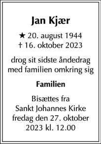 Dødsannoncen for Jan Kjær - København S