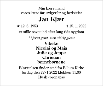Dødsannoncen for Jan Kjær - Oksbøl