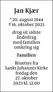 Dødsannoncen for Jan Kjær - København S