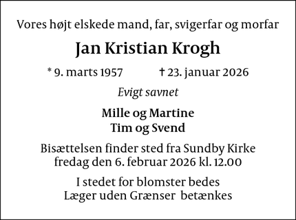 Dødsannoncen for Jan Kristian Krogh - KØBENHAVN S