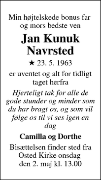 Dødsannoncen for Jan Kunuk Navrsted - Roskilde