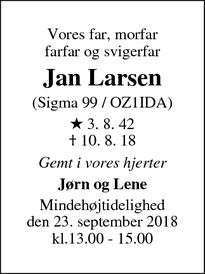 Dødsannoncen for Jan Larsen - Ballerup, Danmark