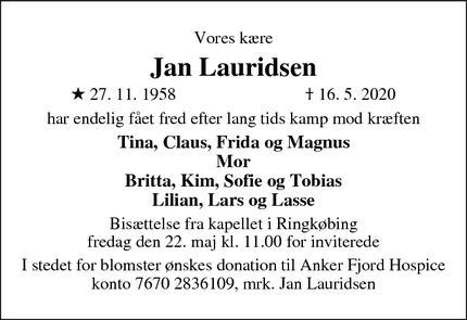 Dødsannoncen for Jan Lauridsen - odense