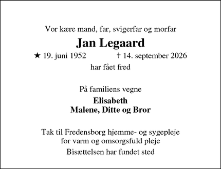 Dødsannoncen for Jan Legaard - Fredensborg