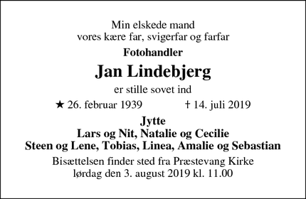 Dødsannoncen for Jan Lindebjerg - Hillerød