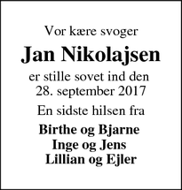 Dødsannoncen for Jan Nikolajsen - Rødding