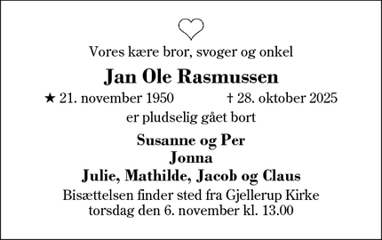 Dødsannoncen for Jan Ole Rasmussen - Herning 