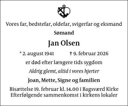 Dødsannoncen for Jan Olsen - Bagsværd