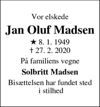 Dødsannoncen for Jan Oluf Madsen - Køge