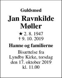 Dødsannoncen for Jan Ravnkilde
Møller - Hvalsø