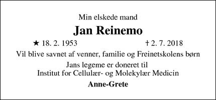 Dødsannoncen for Jan Reinemo - København