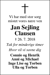 Dødsannoncen for Jan Sejling
Clausen - Silkeborg