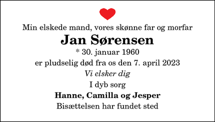 Dødsannoncen for Jan Sørensen - Tobberup, Hobro 