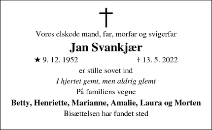 Dødsannoncen for Jan Svankjær - Taastrup