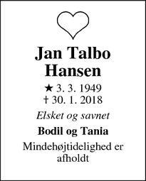 Dødsannoncen for Jan Talbo Hansen - Skanderborg