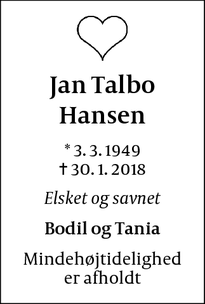Dødsannoncen for Jan Talbo Hansen - Skanderborg