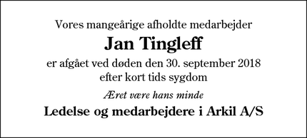 Dødsannoncen for Jan Tingleff - Kolding