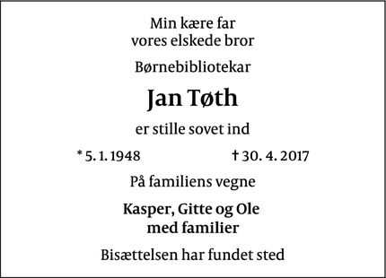 Dødsannoncen for Jan Tøth - 