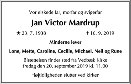 Dødsannoncen for Jan Victor Mardrup - Vedbæk