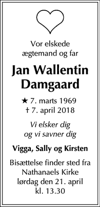Dødsannoncen for Jan Wallentin Damgaard - København S