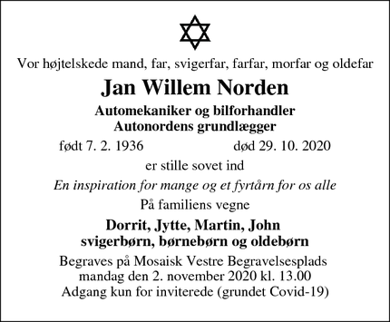 Dødsannoncen for Jan Willem Norden - Taarnby