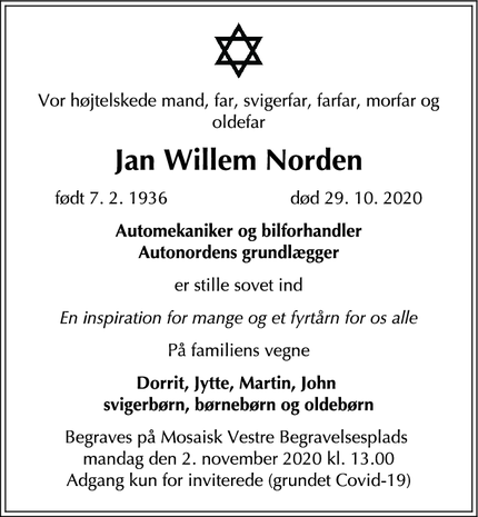 Dødsannoncen for Jan Willem Norden - Taarnby