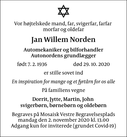 Dødsannoncen for Jan Willem Norden - Taarnby