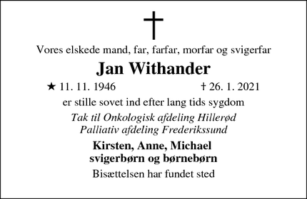 Dødsannoncen for Jan Withander - Allerød