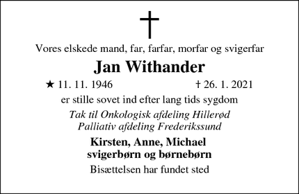 Dødsannoncen for Jan Withander - Allerød