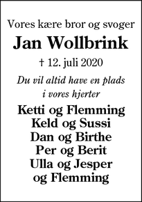 Dødsannoncen for Jan Wollbrink - Aabenraa 
