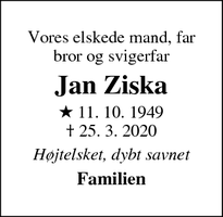 Dødsannoncen for Jan Ziska - København V