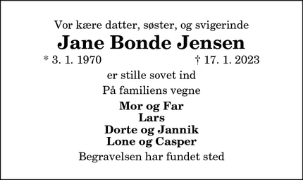 Dødsannoncen for Jane Bonde Jensen - kolling