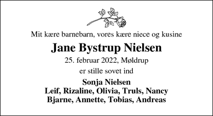 Dødsannoncen for Jane Bystrup Nielsen - Skive/Møldrup