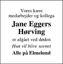 Dødsannoncen for Jane Eggers Hørving - Thisted