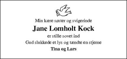 Dødsannoncen for Jane Lomholt Kock - Ullerslev