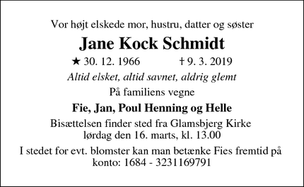 Dødsannoncen for Jane Kock Schmidt - Glamsbjerg