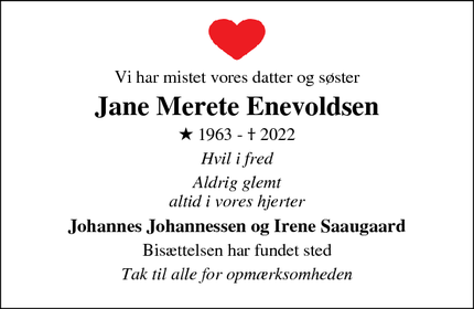 Dødsannoncen for Jane Merete Enevoldsen - Grindsted 