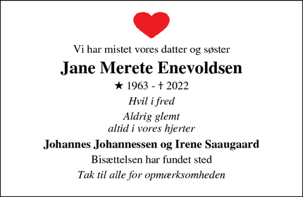 Dødsannoncen for Jane Merete Enevoldsen - Grindsted 