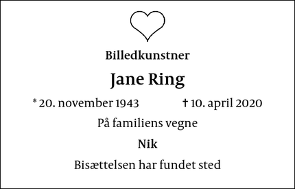 Dødsannoncen for Jane Ring - København