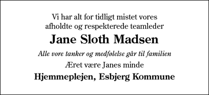 Dødsannoncen for Jane Sloth Madsen - Esbjerg
