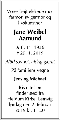 Dødsannoncen for Jane Weibel Aamund - Lemvig