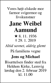 Dødsannoncen for Jane Weibel Aamund - Lemvig