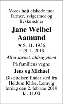 Dødsannoncen for Jane Weibel Aamund - Lemvig