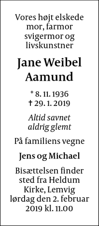 Dødsannoncen for Jane Weibel Aamund - Lemvig