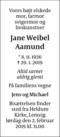 Dødsannoncen for Jane Weibel Aamund - Lemvig