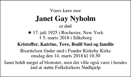 Dødsannoncen for Janet Gay Nyholm  - Silkeborg