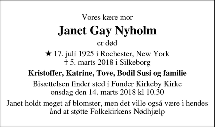 Dødsannoncen for Janet Gay Nyholm - Silkeborg