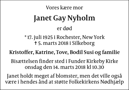 Dødsannoncen for Janet Gay Nyholm  - Silkeborg