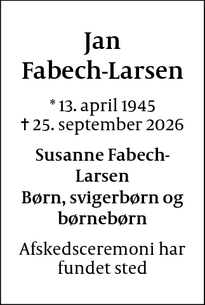 Dødsannoncen for Jan
Fabech-Larsen - Tårup, 5871 Frørup 