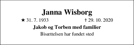 Dødsannoncen for Janna Wisborg - Ålborg